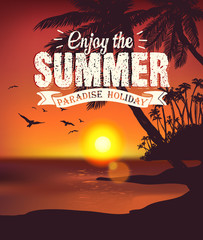 Vintage card with a beautiful sunset on a tropical beach