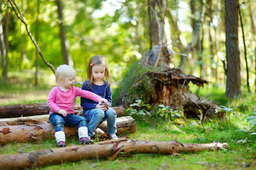 Two little sisters sitting on a log in a forest