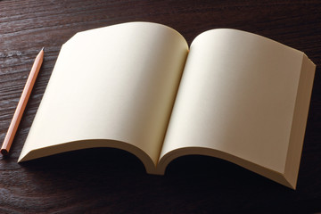 blank open book and pencil on the table