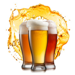 Different beer in glasses with splash isolated