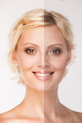 Face of beautiful woman before and after retouch