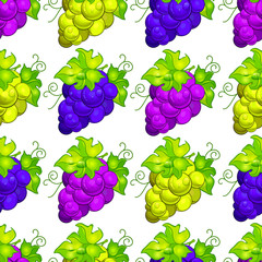 Seamless pattern with cluster grapes and green leaves on