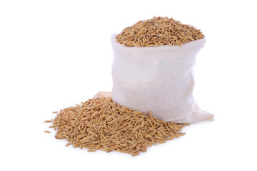 Paddy dry rice seed pile sack on white background.
