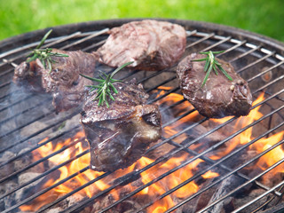 Tasty beef steaks on garden grill, close-up.