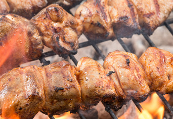 Tasty skewers on garden grill, close-up.