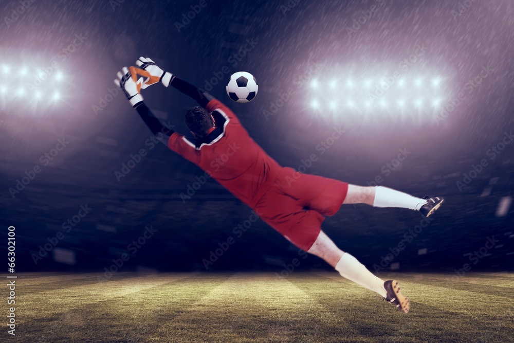Poster composite image of goalkeeper in red jumping up