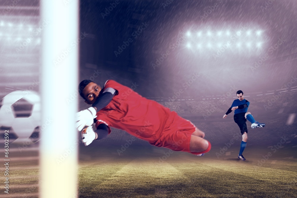 Poster composite image of goalkeeper in red making a save