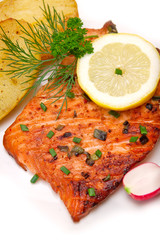 Grilled salmon fillet with boiled potatoes.  