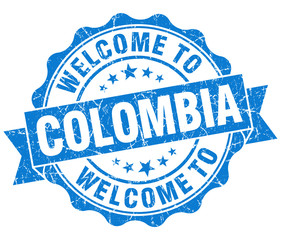 Fototapeta premium Welcome to Colombia blue grungy vintage isolated seal