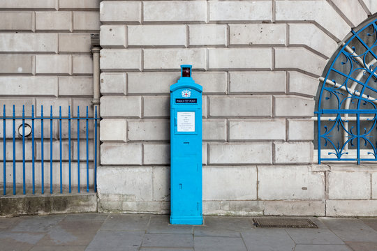 Old Fashioned Blue Police Telephone Box, London.