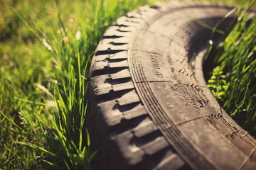 Old tire in grass, tinted photo