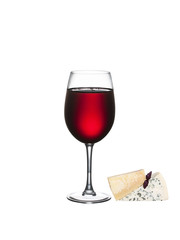 Glass of wine and cheese isolated on a white background