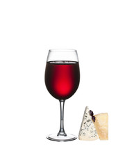 Glass of wine and cheese isolated on a white background