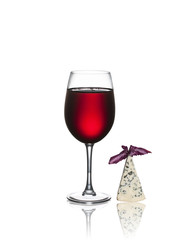Glass of wine and cheese isolated on a white background
