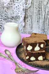 Brownie with ricotta.Selective focus.