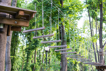 The bridge of logs tied to the ropes, part of a ropes course