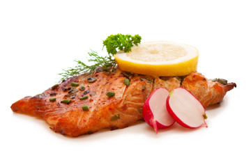 Grilled salmon fillet isolated on white. 