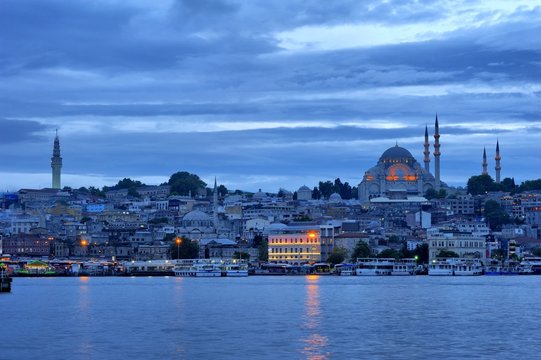 Suleymaniye Mosque in blue evening near the golden horse