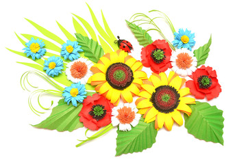 Sunflowers, daisies, ladybug paper origami-style