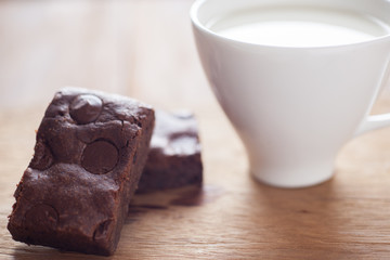 Chewy Fudgy chocolate chip Homemade Brownies with hot milk