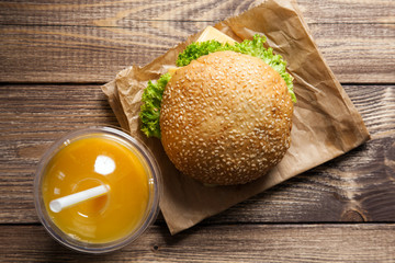 Hamburger and orange juice