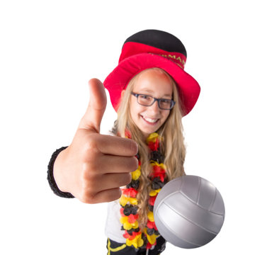 Laughing German Fan Girl with Big Thumb