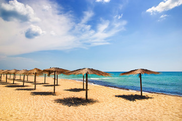 beach with umbrellas in summer bright day