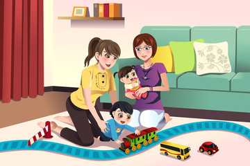 Young lesbian parents playing with their kids