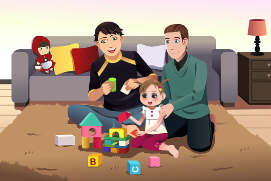 Young gay parents playing with their kid