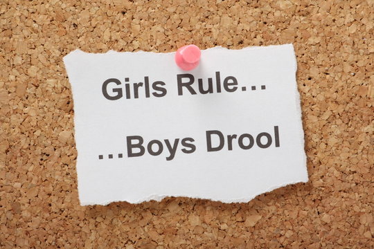 The phrase Girls Rule Boys Drool on a cork notice board