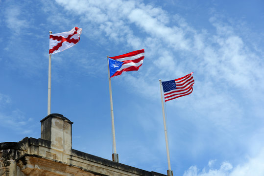 Burgundy Cross flag, Puerto Rico flag and USA flag, San Juan