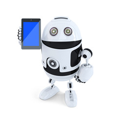 Robot holding mobile phone. Isolated. Clipping path
