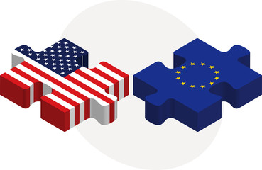 USA and European Union Flags in puzzle
