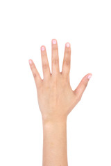 Woman left hand showing the five fingers isolated.