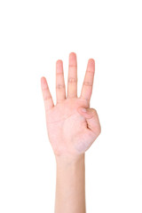 Woman right hand showing the four fingers isolated.