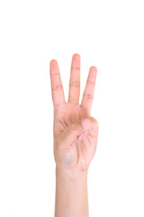 Naklejka premium Woman left hand showing the three fingers isolated.