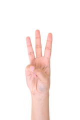 Naklejka premium Woman right hand showing the three fingers isolated.