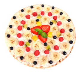 Sweet pizza with fruits isolated on white