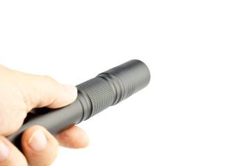 Man holding flashlight to find something isolated
