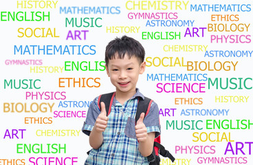 Happy Asian schoolboy wearing backpack and giving thumbs up isol