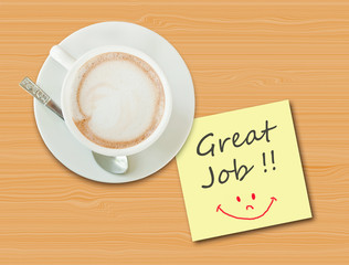 Coffee cup on wood table with paper note