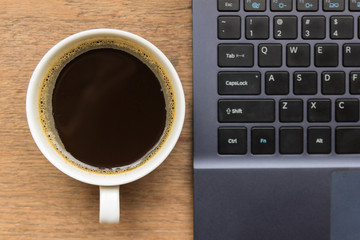 Fototapeta na wymiar Top view of coffee cup , laptop on wooden table