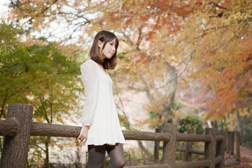 Naklejka premium 秋の紅葉した公園で立っているバッグを持った女性