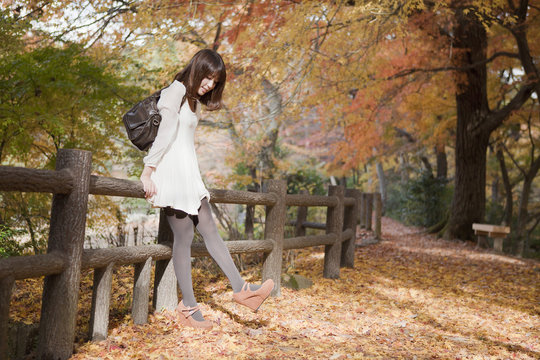 秋の紅葉した公園で立っているバッグを持った女性