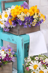 Beautiful flowers in crates on small chair on light background