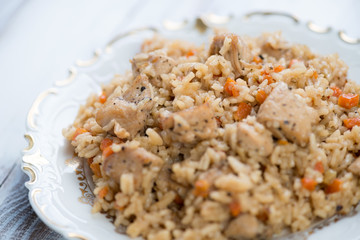 Close-up of chicken pilaf in a glass plate, studio shot