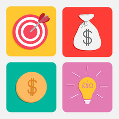 Business icon set. Target moneybag  coin light bulb Flat design.