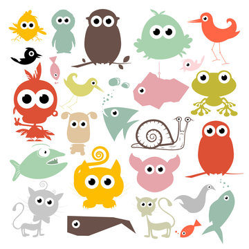 Colorful Simple Vector Animals Silhouette Set