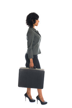 Indian Business Woman On Suitcase Side View Full Body Isolated O