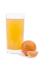 Oranges and juice on a white background.